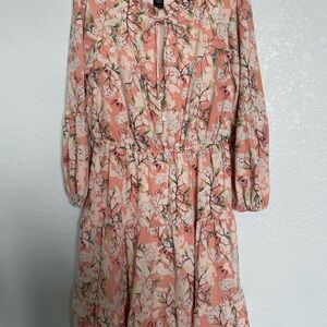 Whimsical Butterfly Floral Pink Dress with Tie Neck